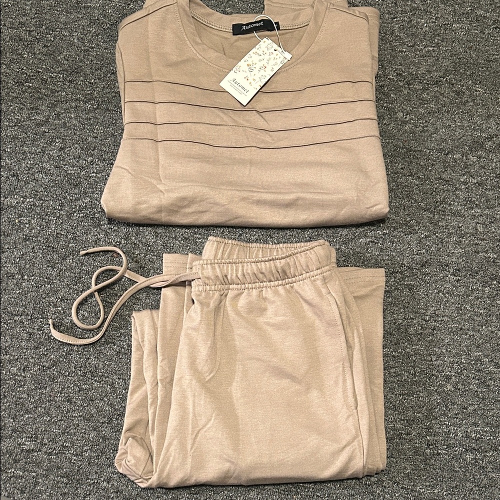 NWT Automet Tan Women's Wide Leg Pants L & Crewneck Top S Set